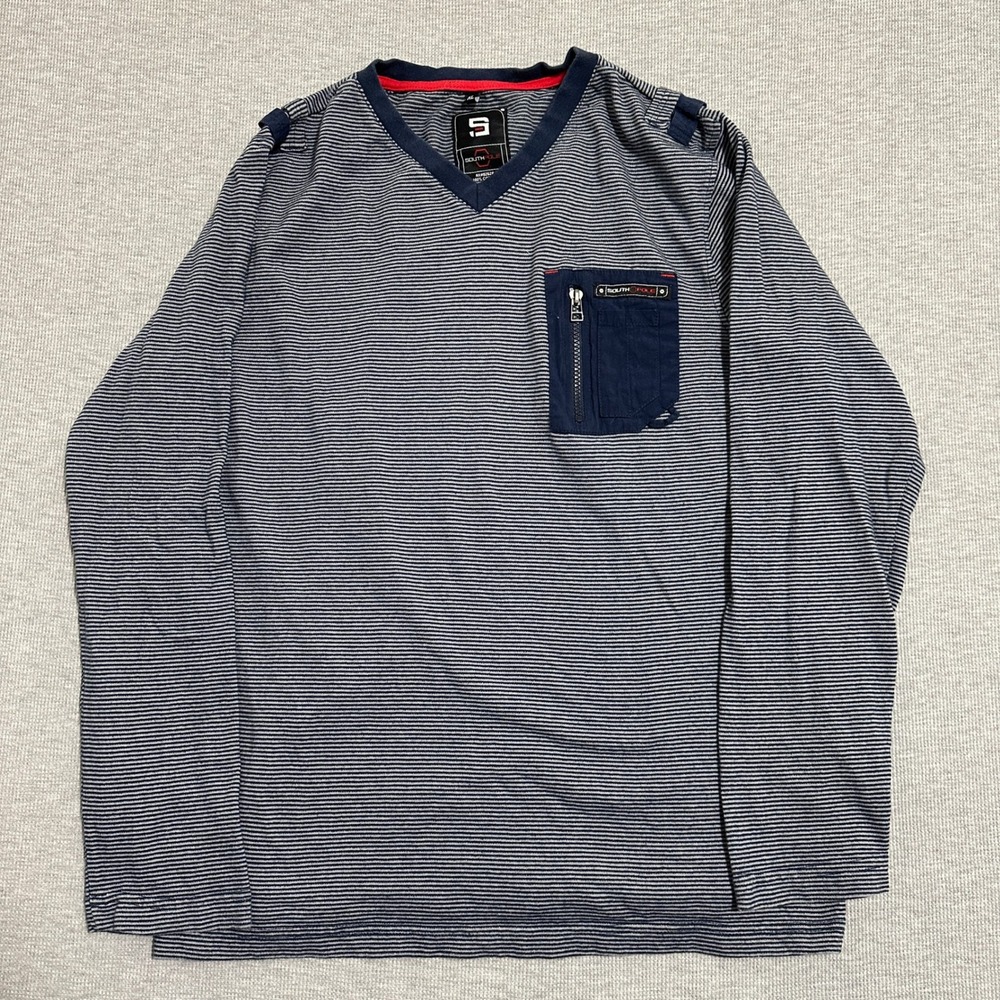 Y2K South Pole Striped Long Sleeve V-Neck Tee Zip Pocket Epaulets Navy X-Large